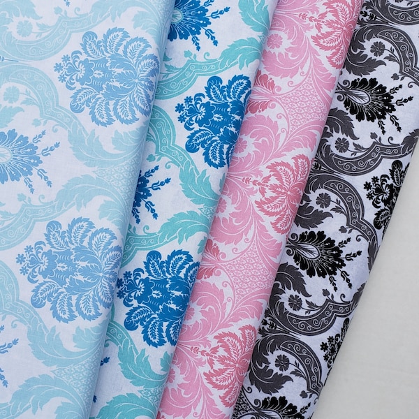 Damask Fabric-Glacier, Blue, Pink or Black Cotton Fabric