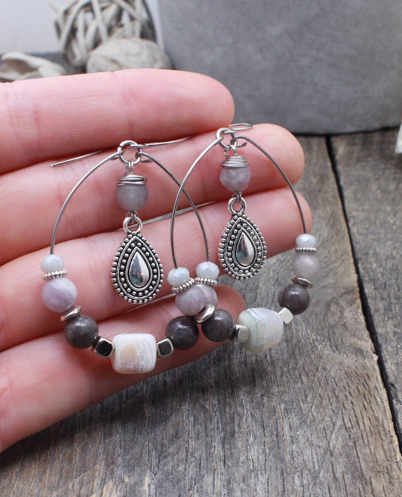 Stone Earrings Beaded Hoops Gift Ideas Gift For Her Hoop Earrings Handmade Jewelry Stone Jewelry Earthy Earrings Boho Jewelry