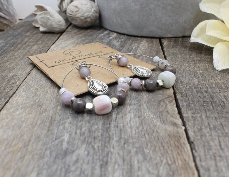 Stone Earrings Beaded Hoops Gift Ideas Gift For Her Hoop Earrings Handmade Jewelry Stone Jewelry Earthy Earrings Boho Jewelry