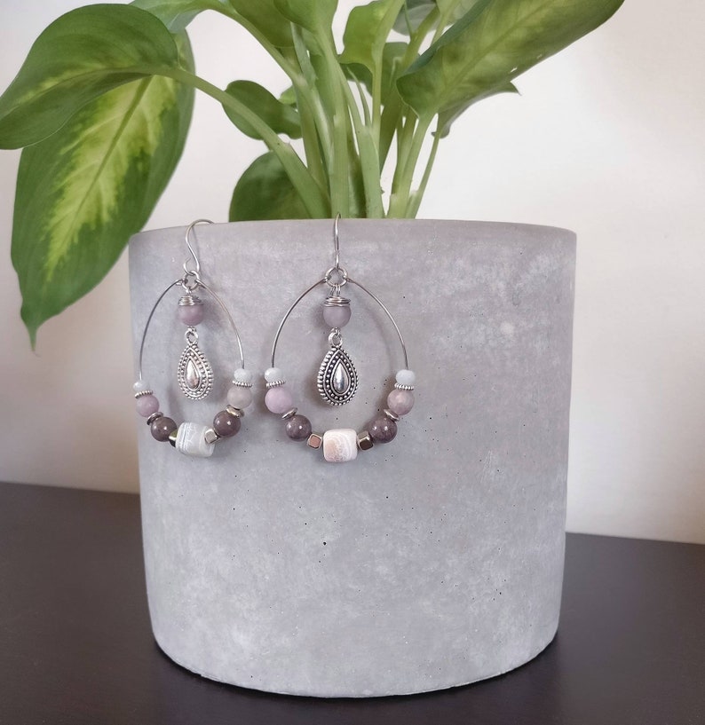 Stone Earrings Beaded Hoops Gift Ideas Gift For Her Hoop Earrings Handmade Jewelry Stone Jewelry Earthy Earrings Boho Jewelry