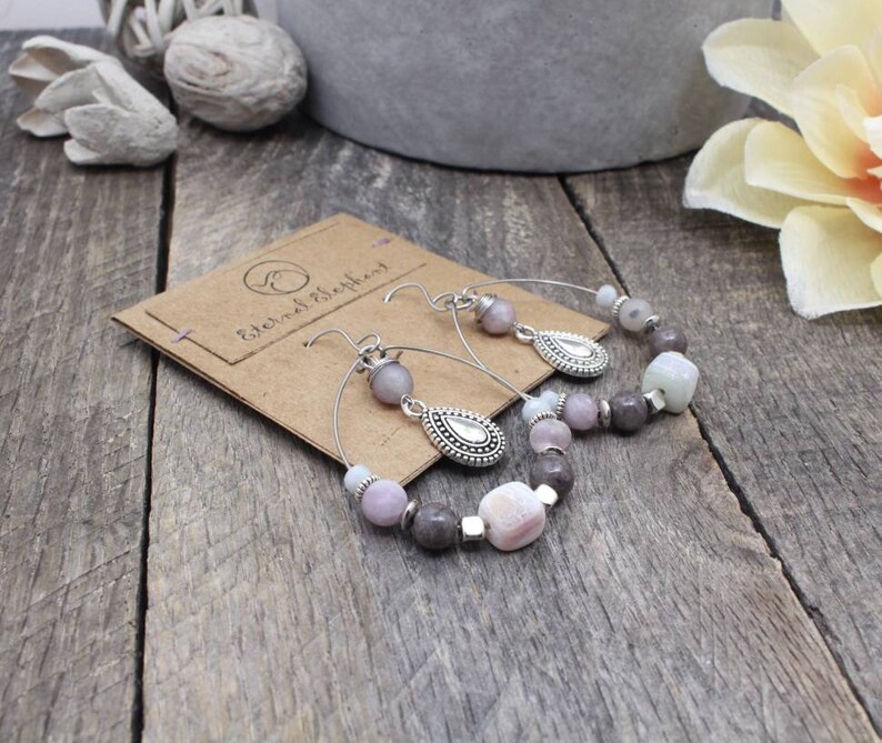 Stone Earrings Beaded Hoops Gift Ideas Gift For Her Hoop Earrings Handmade Jewelry Stone Jewelry Earthy Earrings Boho Jewelry