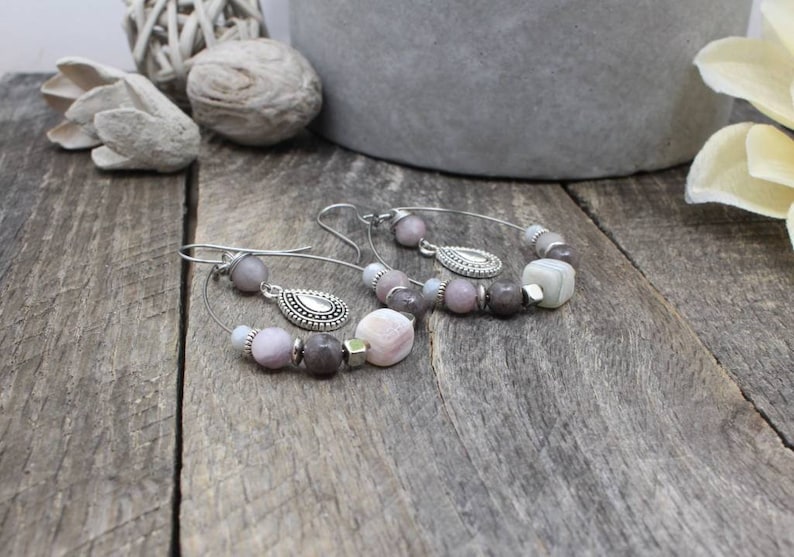 Stone Earrings Beaded Hoops Gift Ideas Gift For Her Hoop Earrings Handmade Jewelry Stone Jewelry Earthy Earrings Boho Jewelry