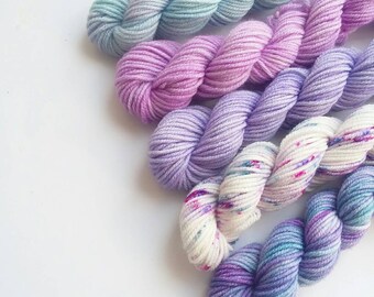 DK Hand dyed yarn mini skeins merino hand dyed wool multi py sock minis merino wool knitting yarn UK 20g x 5 Lilacs in May