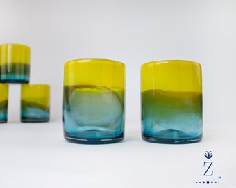 Mundgeblasene Mexikanische Trinkgläser – 6er Set, Je 266 Ml, Handgefertigt, Bleifrei, Aqua Rim Design