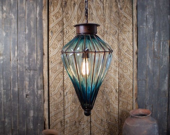 Decoa Pendant Light. Aqua Glass and Iron Ceiling Light