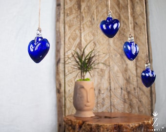 Hand Blown Recycled Glass Heart Ornament, Cobalt Blue