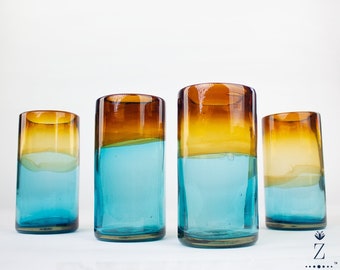 Blown Glass Tumblers, Tall. Aqua and Amber glass drinkware.