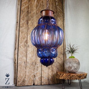 Queen Pendant Light, Cobalt Blue Glass and Iron Chandelier