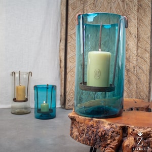 Aqua Blue Glass Hurricane with Removable Candle Stand