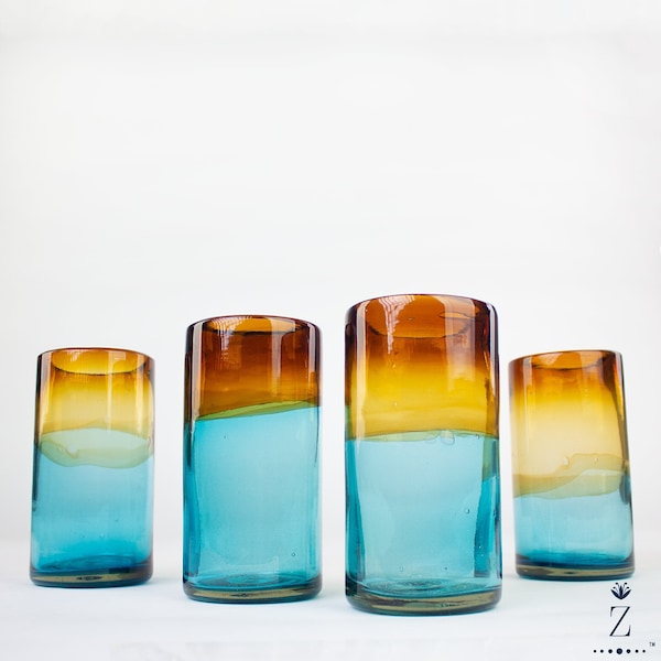 Blown Glass Tumblers, Tall. Aqua and Amber glass drinkware.