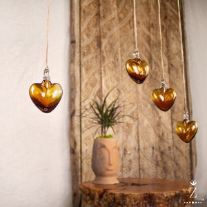 Ornamental Glass Heart, Amber. Hanging glass heart, Small