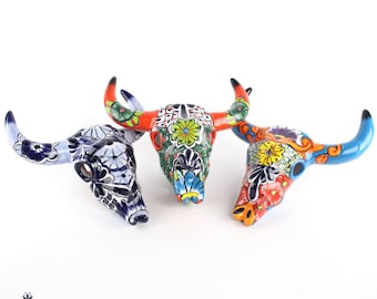 Talavera Longhorn Sculptures | Small Bull Horns. Red, Turquoise, Azules