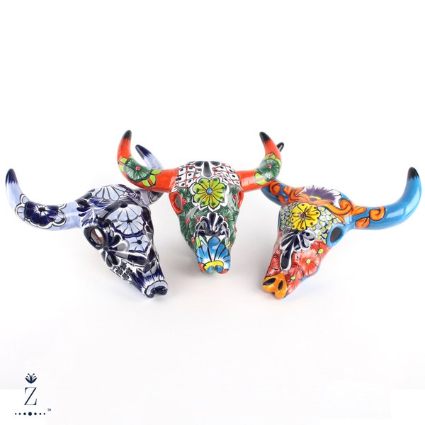 Talavera Longhorn Sculptures | Small Bull Horns. Red, Turquoise, Azules