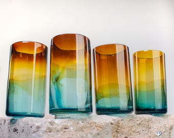 Blown Glass Tumblers, Tall. Aqua and Amber glass drinkware.