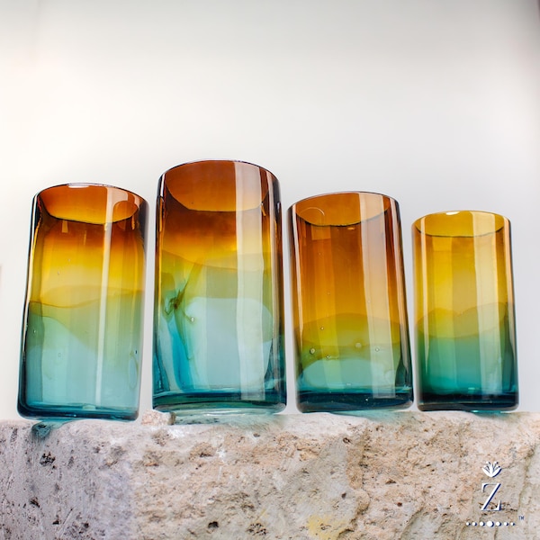 Blown Glass Tumblers, Tall. Aqua and Amber glass drinkware.