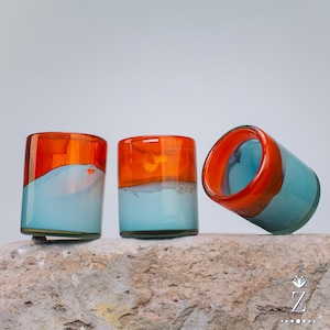 Blown Glass Tumblers, Short. Mandarin & Teal glass drinkware.