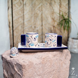 Stoneware Tequilero set. Ceramic Tequila Serving set. Azules Talavera Pattern.