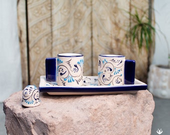 Conjunto Tequilero de gres. Juego de servir tequila de cerámica. Patrón Azules Talavera.