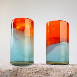 Glass Tumblers Tall, Bi-Color Mandarin & Teal. Hand Blown Glassware