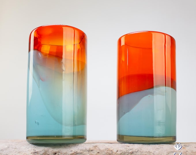 Glass Tumblers Tall, Bi-Color Mandarin & Teal. Hand Blown Glassware