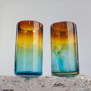 Blown Glass Tumblers, Tall. Aqua and Amber glass drinkware.