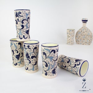 Vasos de gres, Azul Hoja pintados a mano.