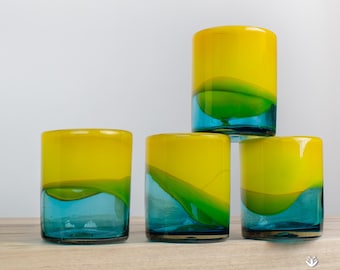 Blown Glass Tumblers, Short. Lemon and Aqua Blue glass drinkware.
