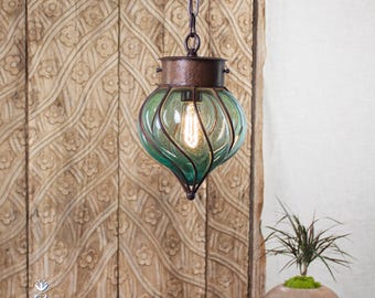 Flama Pendant Light | Aqua Glass and Iron Ceiling Light