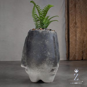 May include: A dark gray and white stone planter shaped like a head with two faces, featuring a textured, weathered finish. A green fern plant grows from the top, which is filled with small, smooth, multicolored pebbles for soil coverage.