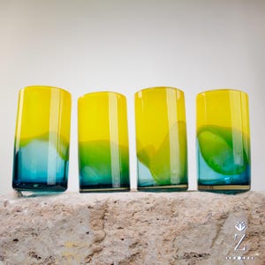 Glass Tumblers Tall. Lemon and Blue Blown. Glass Drinkware.