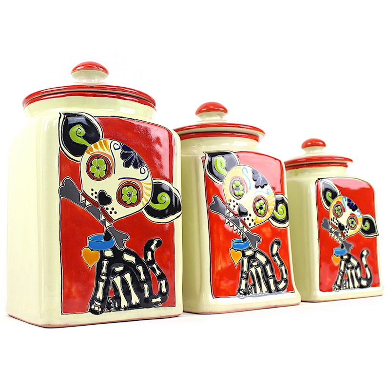 Unusual Funky Tea Coffee Sugar Canisters in Red