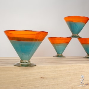 Margarita Glassware. Mandarin and Teal, handblown glass drinkware.