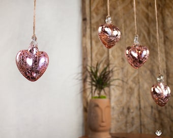 Ornamental Glass Heart, Rose Mercury Glass. Hanging glass heart, Small