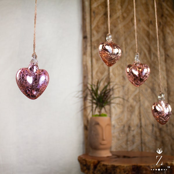 Ornamental Glass Heart, Rose Mercury Glass. Hanging glass heart, Small