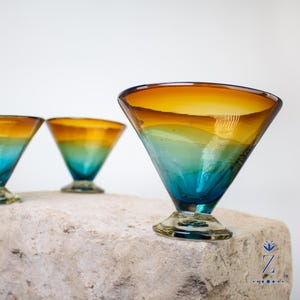 Margarita Glassware. Amber and Aqua Blue glass bowls/drinkware.