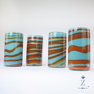Glass Tumblers Tall, Mandarin & Teal Swirl. Hand Blown Candy Glassware