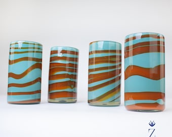 Glass Tumblers Tall, Mandarin & Teal Swirl. Hand Blown Candy Glassware