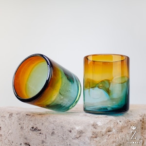 Blown Glass Tumblers, Short. Aqua and Amber glass drinkware.