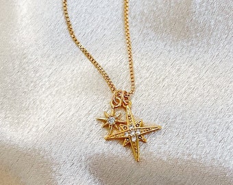 Collar Estrella del Norte de Oro – Delicado collar celestial – Dije de estrella con circonita cúbica bañado en oro de 14 k – Cadena de caja en capas – Joyería minimalista con estrellas