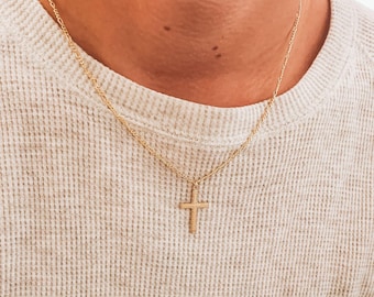 14k gold filled kruisketting heren – handgemaakte Figaro-ketting met groot eenvoudig kruis – Religieuze sieraden voor hem