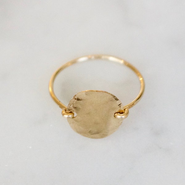 Gold Disc Ring- Initial Ring - Gold Filled Ring - Circle Ring - Personalized Ring- Hammered Ring - Gold Coin Ring