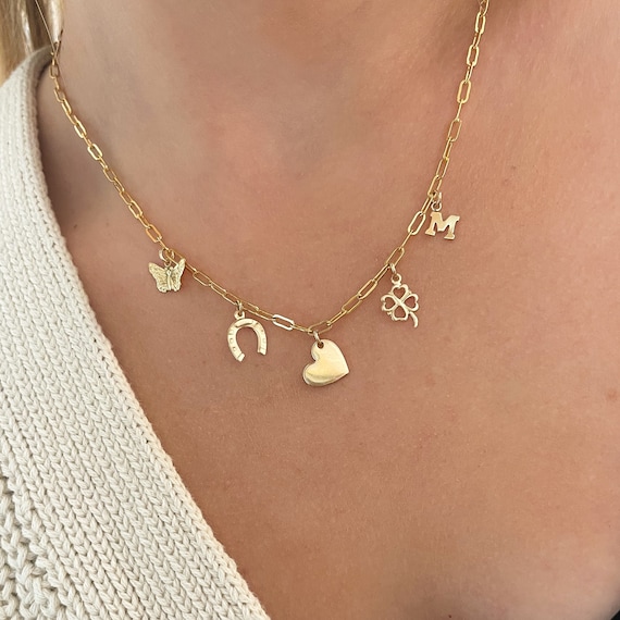 14k Gold Filled Lucky Charm Necklace - Multi Custom Charm Necklace - Gold Filled Letter Charm Necklace - Clover Charm Necklace