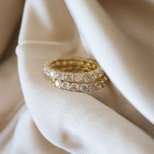 18k Gold Eternity Band Ring – Gold Vermeil CZ Stackable Ring – Dainty 3mm Gold Wedding Band – Minimalist Stacking Ring