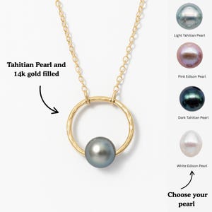 Tahitian Pearl Halo Necklace – 14k Gold Filled Necklace – Hammered Gold Pearl Necklace – Black Pearl Necklace