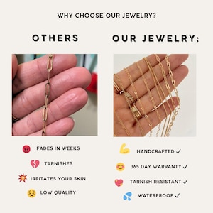 May include: Image comparing jewelry quality. The left side shows a gold chain that fades, tarnishes, irritates skin, and is low quality. The right side displays handcrafted, 365-day warranty, tarnish-resistant, and waterproof jewelry.