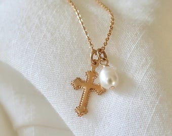 14k Gold Filled Cross Necklace with Pearl Charm - Elegant Christian Jewelry, Faith Pendant, Gift for Her, Gold Pearl Cross Necklace
