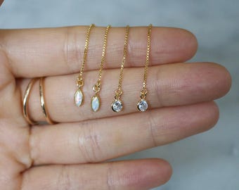 Dainty CZ Threader Earrings 14K Gold Filled, Minimalist Gold Dangle Earrings, Long Chain Earrings, Bridal Jewelry, Elegant Gift for Her
