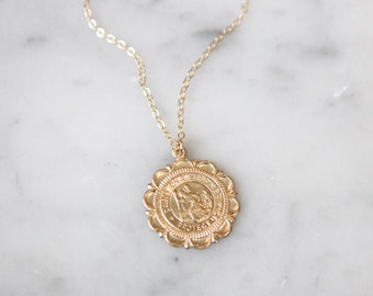 Saint Christopher Medallion Necklace: 14k Gold Filled Coin