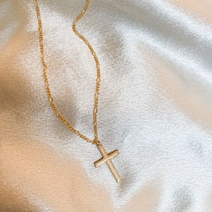 14k Gold Filled Men&#39;s Cross Necklace – Handcrafted Figaro Chain with Large Simple Cross – Religious Jewelry for Him