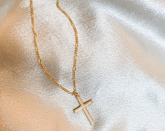 14k gold filled kruisketting heren – handgemaakte Figaro-ketting met groot eenvoudig kruis – Religieuze sieraden voor hem